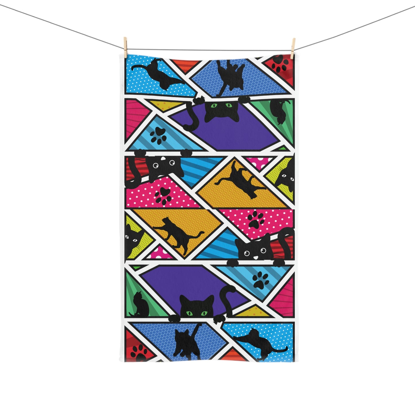 Colorful Pattern with Black Cats Design Hand Towel 16″ × 28″