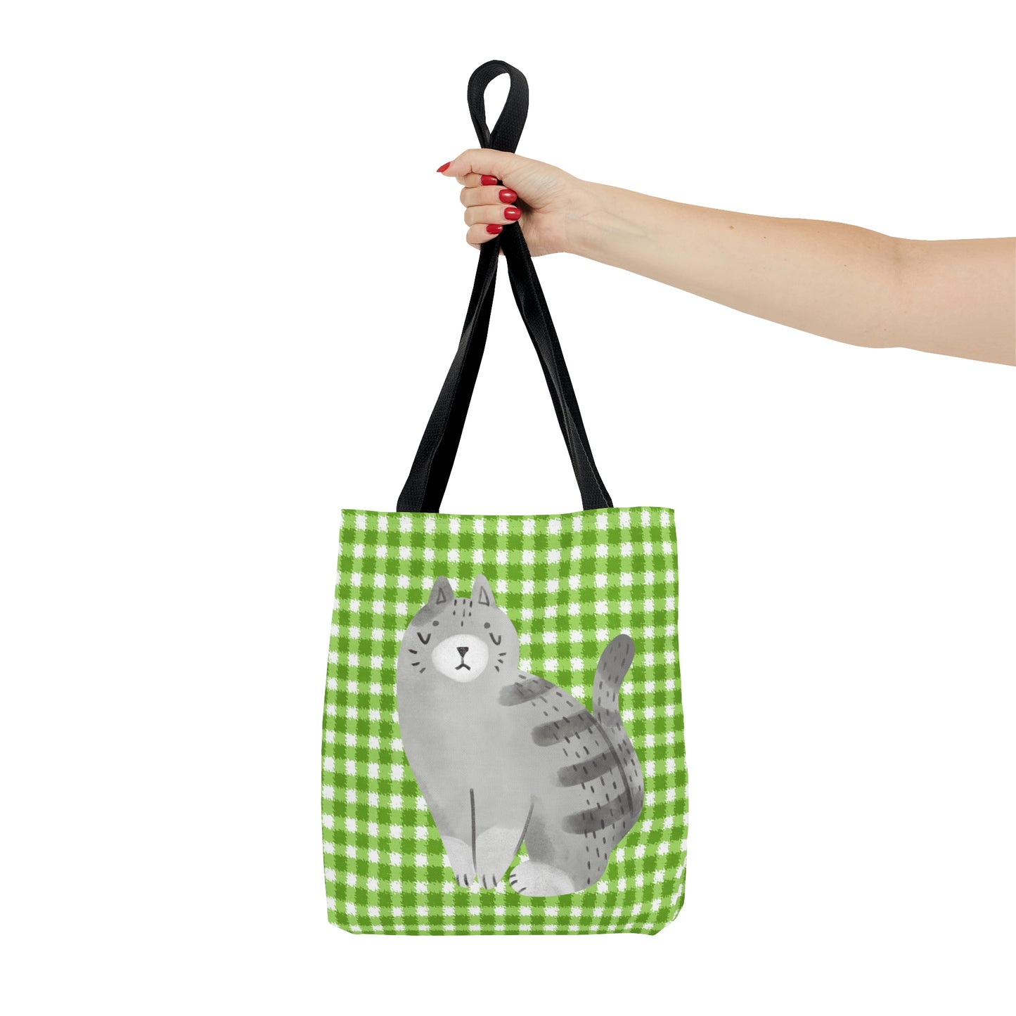 Green Plaid Grey Cat design Tote Bag (AOP)