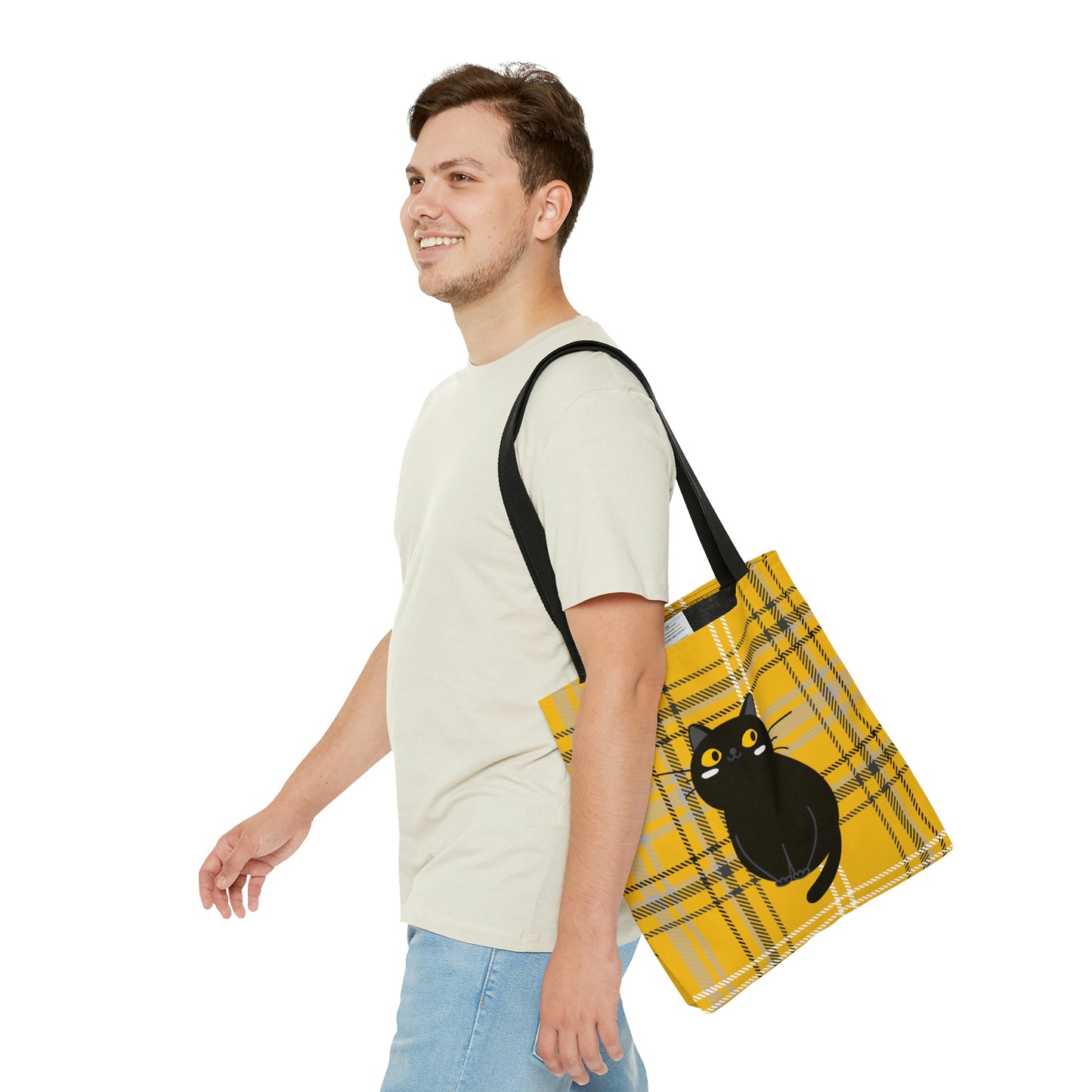 Yellow Plaid Black Cat design Tote Bag (AOP)