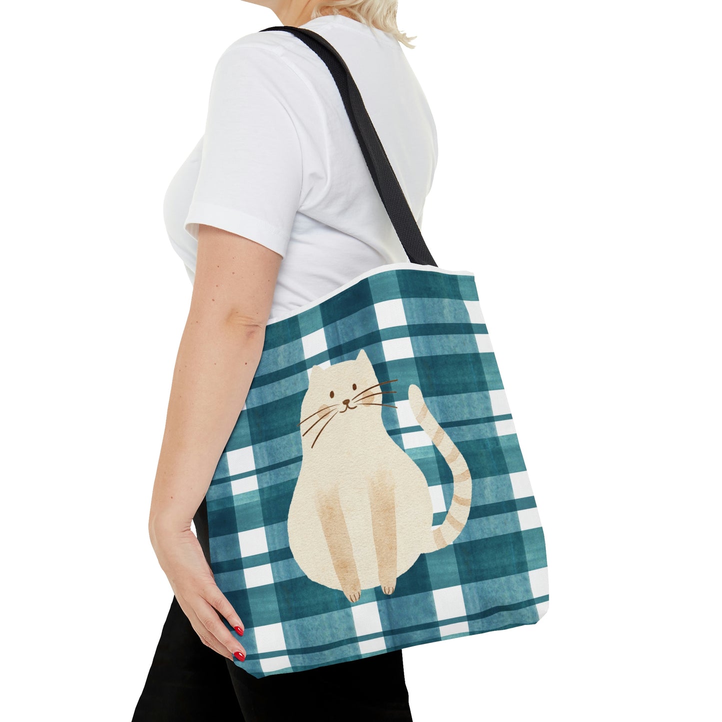 Blue Plaid Chubby Cat design Tote Bag (AOP)