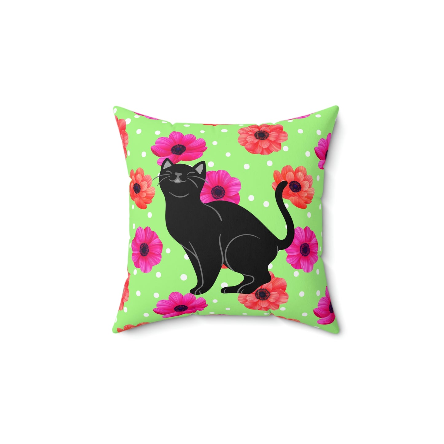 Floral Design with Black Cat Spun Polyester Square Indoor Pillow