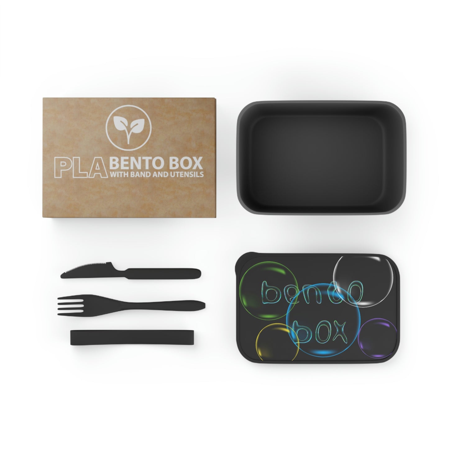 Bubbles with Bento Box Logo Lunch Box / " PLA Bento Box " with Band and Utensils