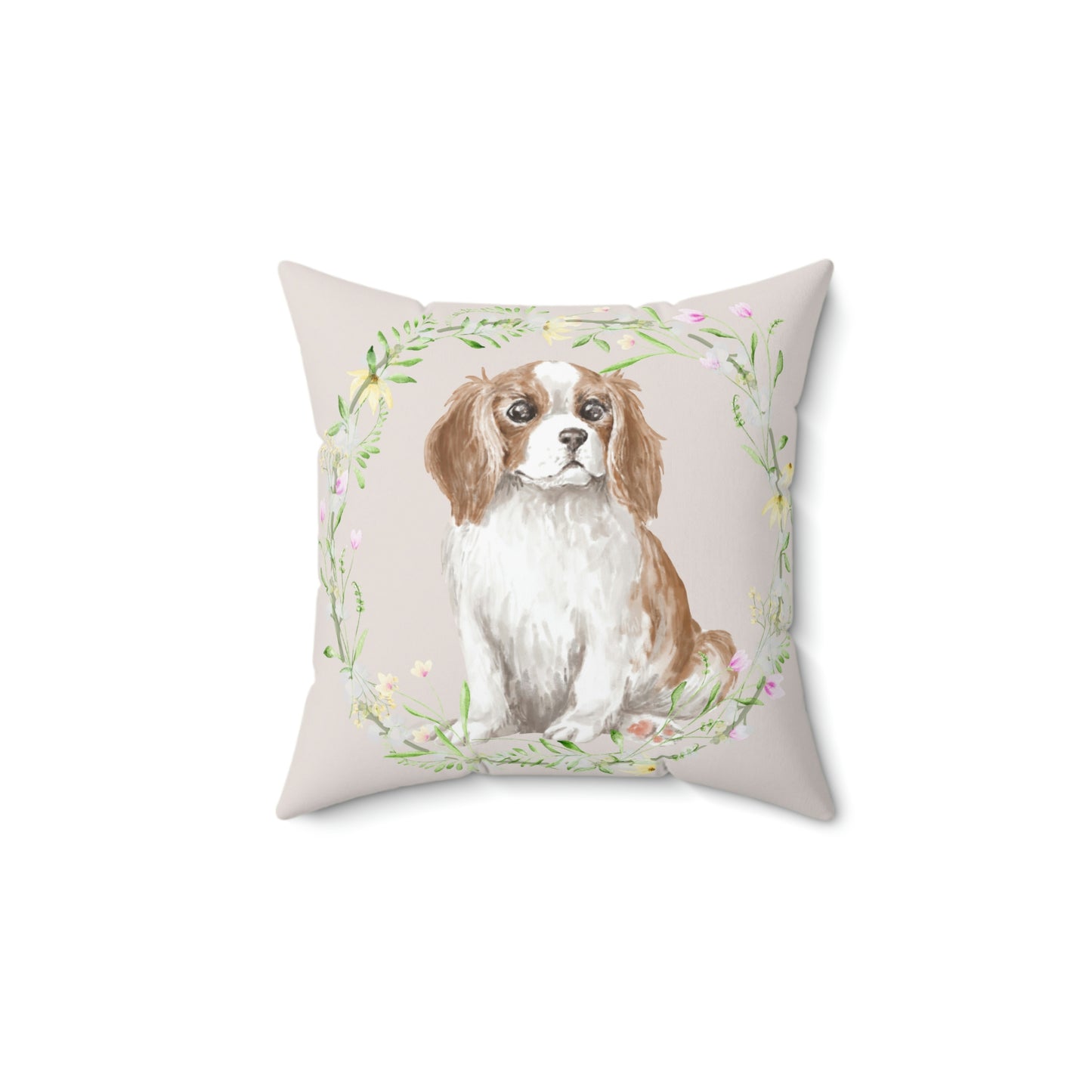 Cavalier dog/Spaniel Dog with Floral Wreath design Spun Polyester Square Indoor Pillow
