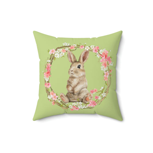 Adorable Bunny/Rabbit with Floral Wreath design Spun Polyester Square Indoor Pillow