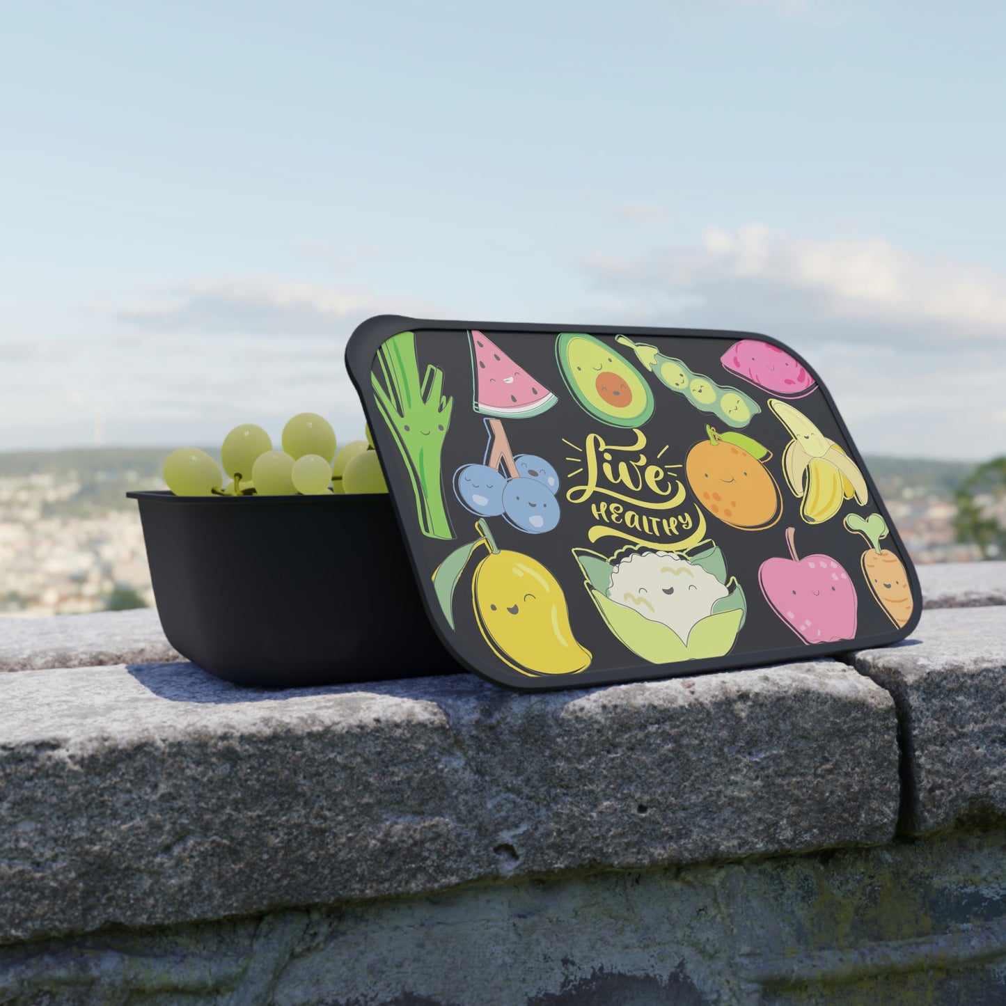 " Live Healthy" Vigge and Fruits design (Black) Bento Box/Lunch Box  PLA  with Band and Utensils
