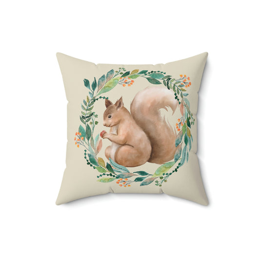 Squirrel with Floral Wreath design Spun Polyester Square Indoor Pillow (Brown)