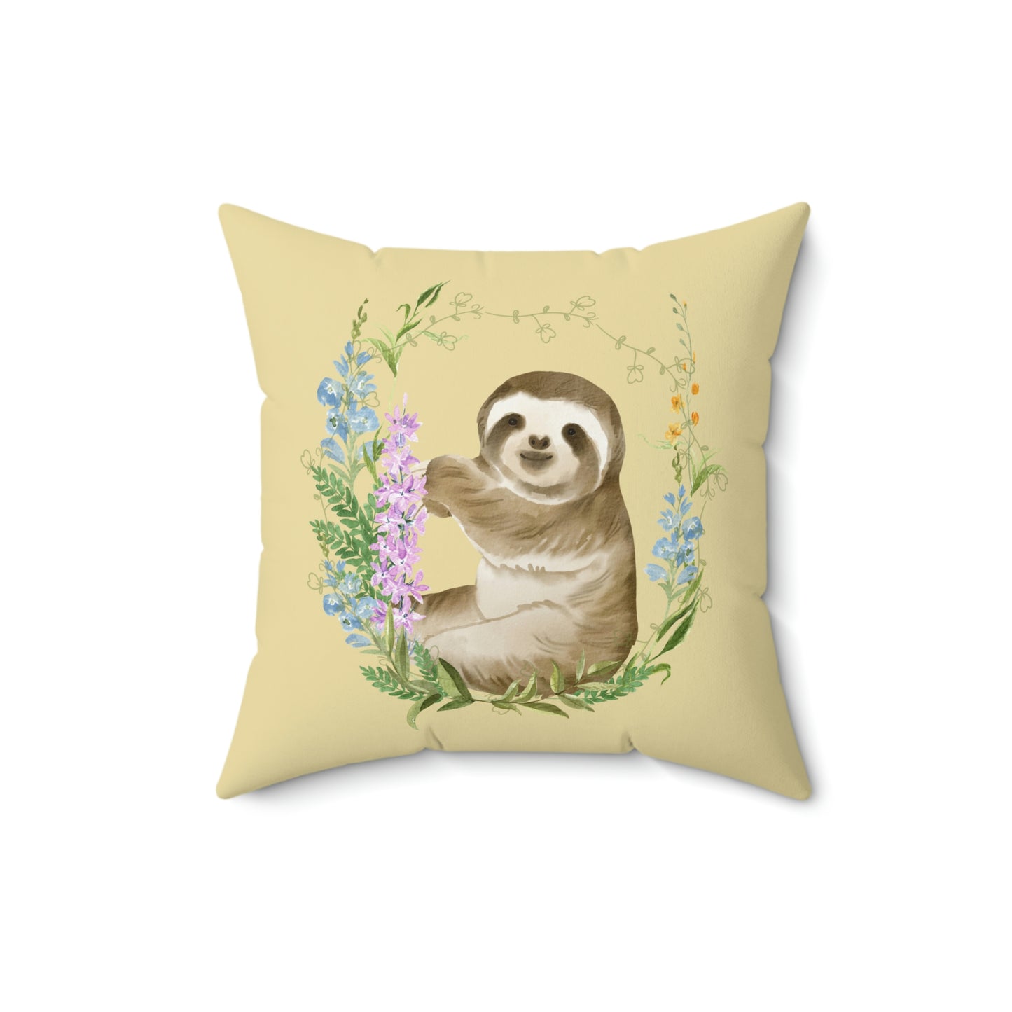 Happy Sloth with Floral Wreath design Spun Polyester Square Indoor Pillow
