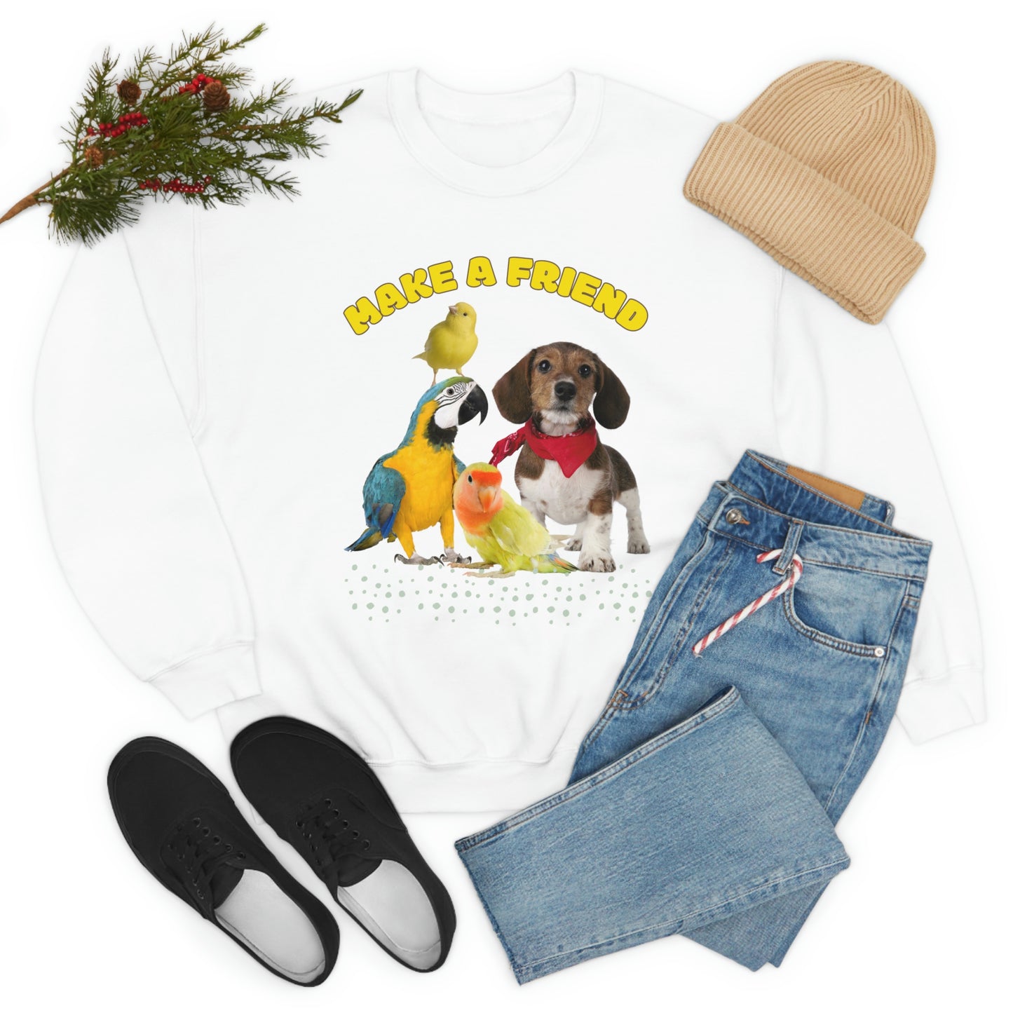 Make a friend Dog and Birds design  Heavy Blend™ Crewneck Sweatshirt