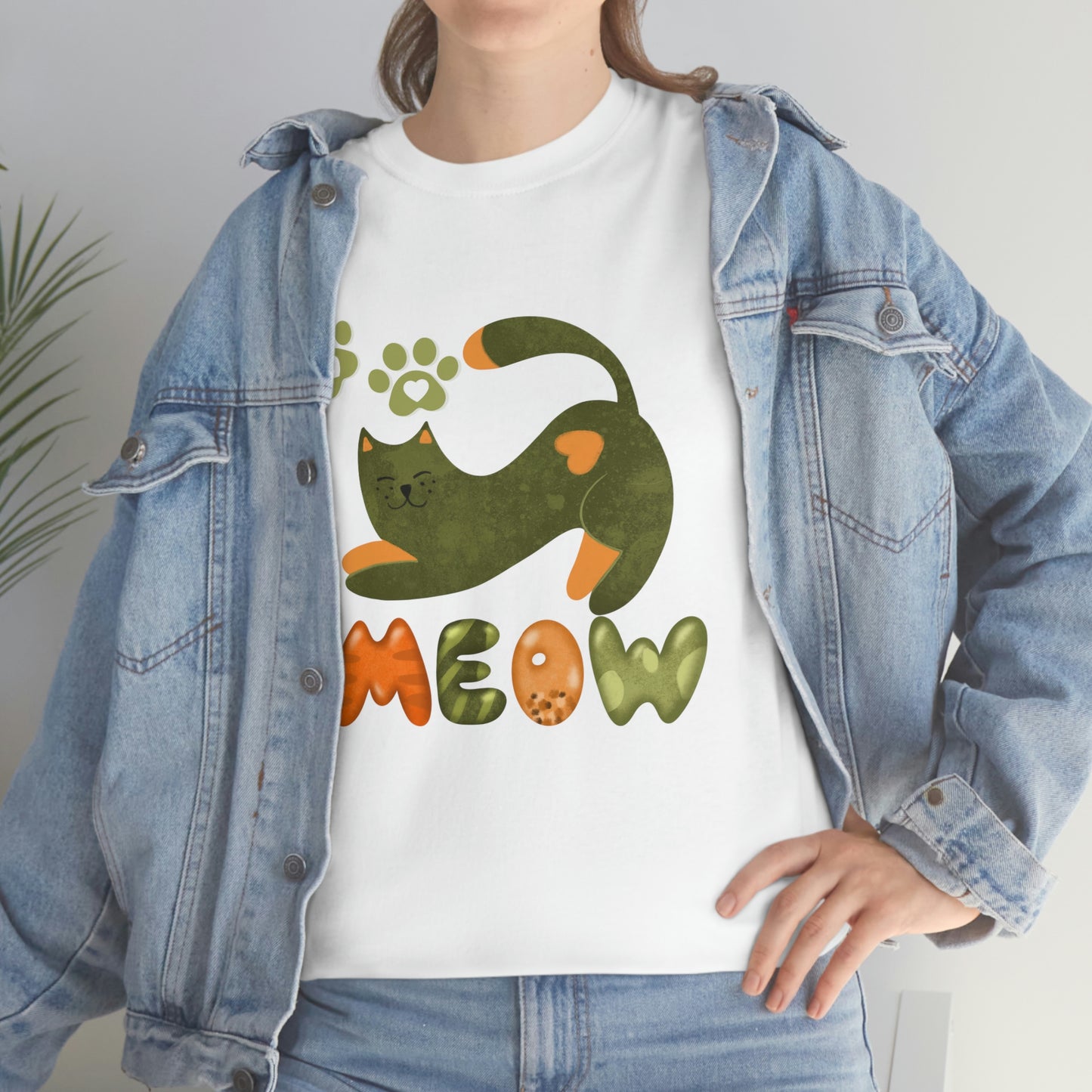 "Meow" Cute Green Cat with Paws design Cotton Tee