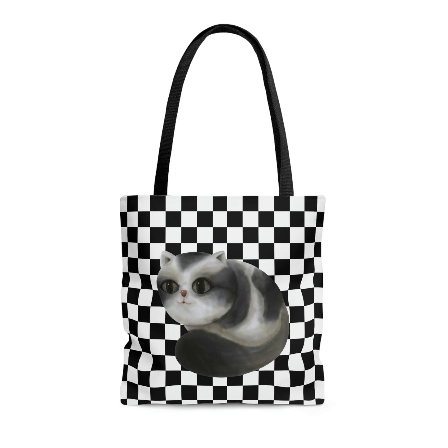 Checkerboard pattern Chubby Cat design Tote Bag (AOP)