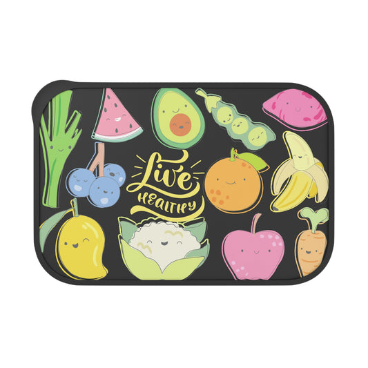 " Live Healthy" Vigge and Fruits design (Black) Bento Box/Lunch Box  PLA  with Band and Utensils