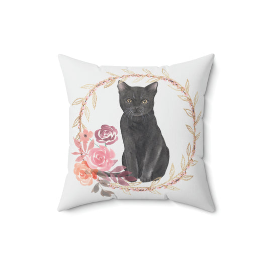 Black Cat/Kitten with Floral Wreath design Spun Polyester Square Indoor Pillow
