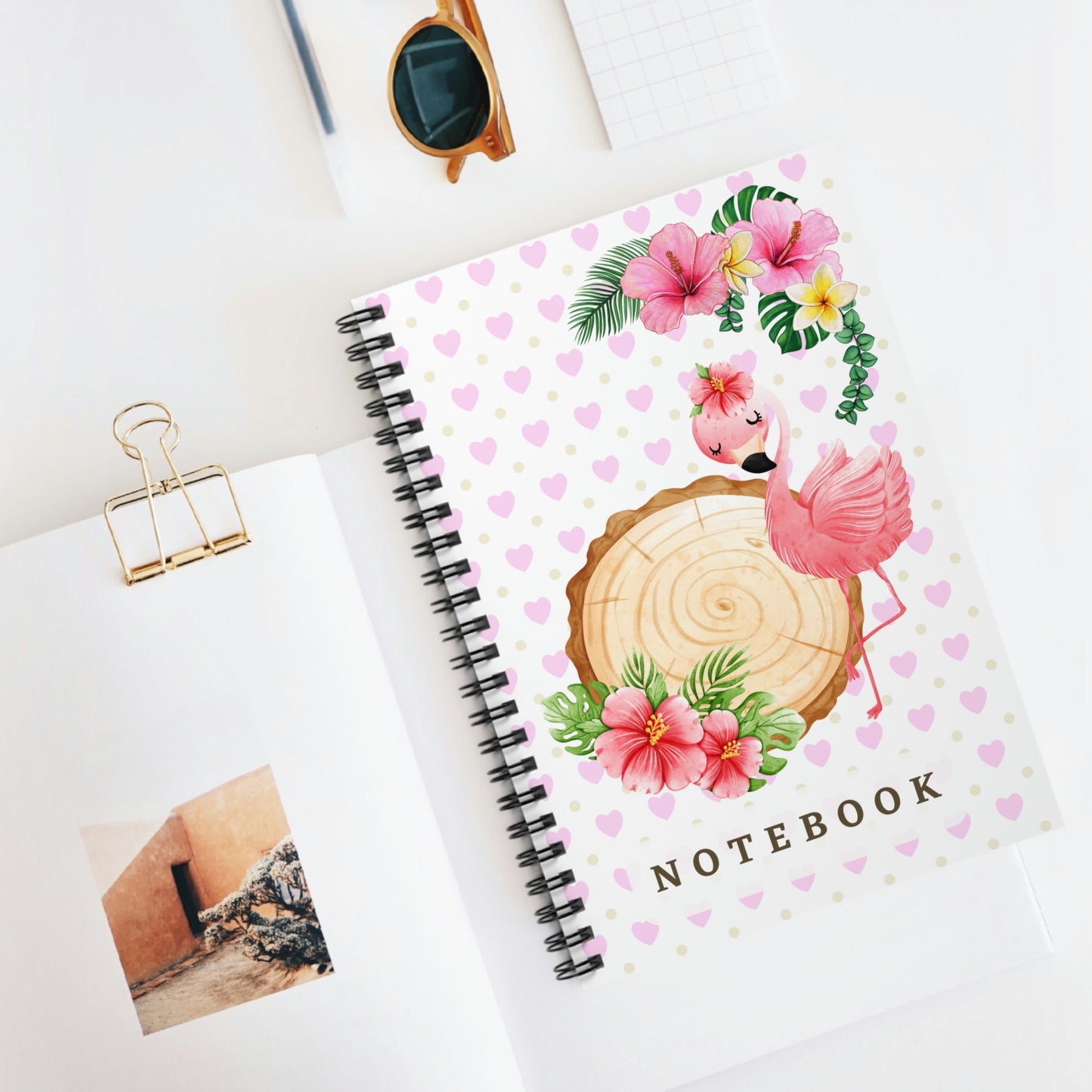 Flamingo with Hibiscus design Spiral Notebook - Ruled Line 118 pages