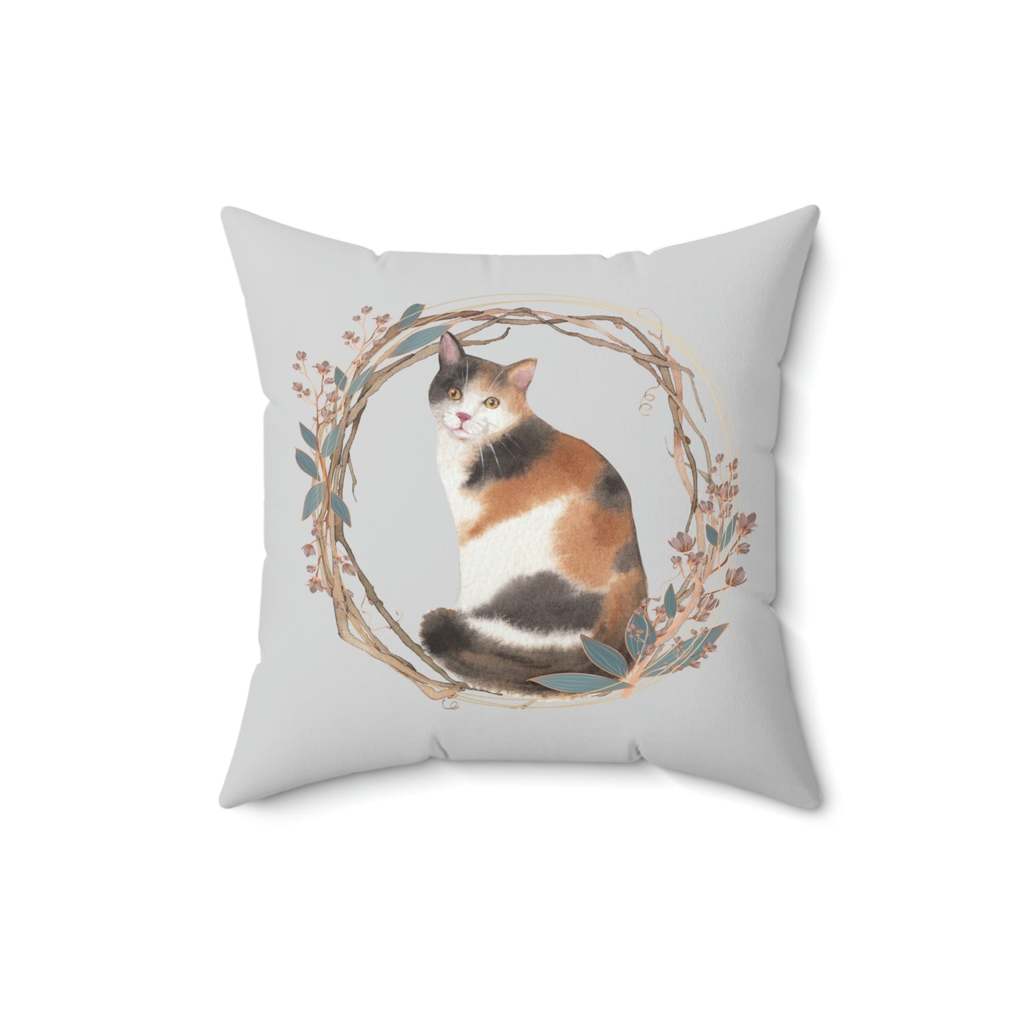 Gorgeous Cat with Floral Wreath design Spun Polyester Square Indoor Pillow