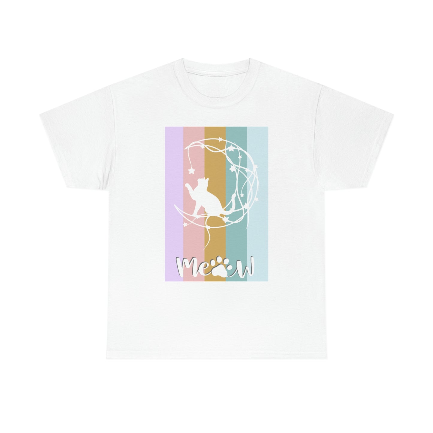 "Meow" Cat is playing on Moon design Stripe Cotton Tee