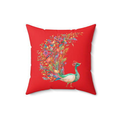 Beautiful Peacock design  Red Spun Polyester Square Pillow