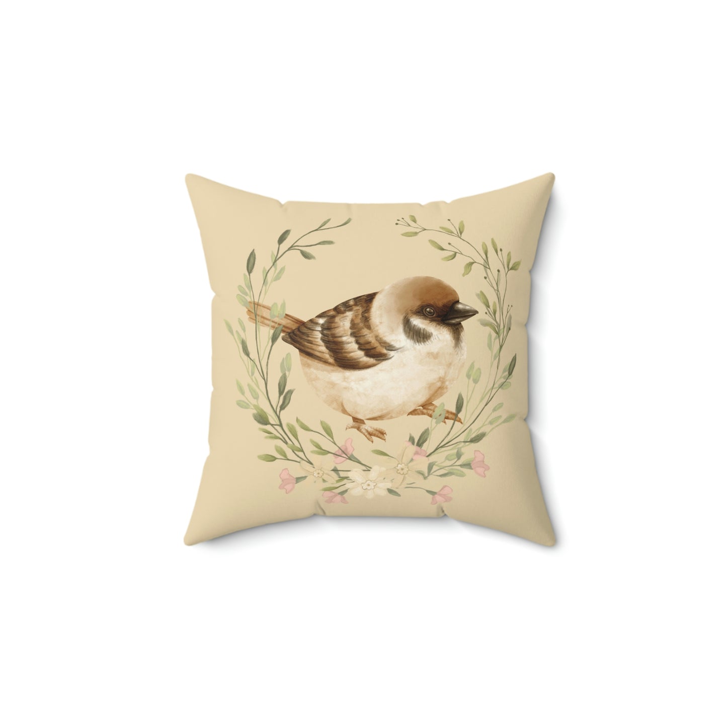 Bird/Sparrow with Floral Wreath design Spun Polyester Square Indoor Pillow