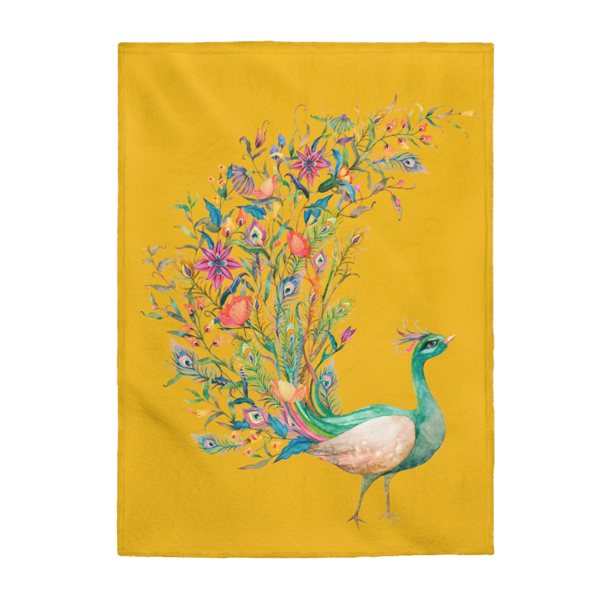 Bright Yellow Beautiful Peacock Velveteen Plush Blanket
