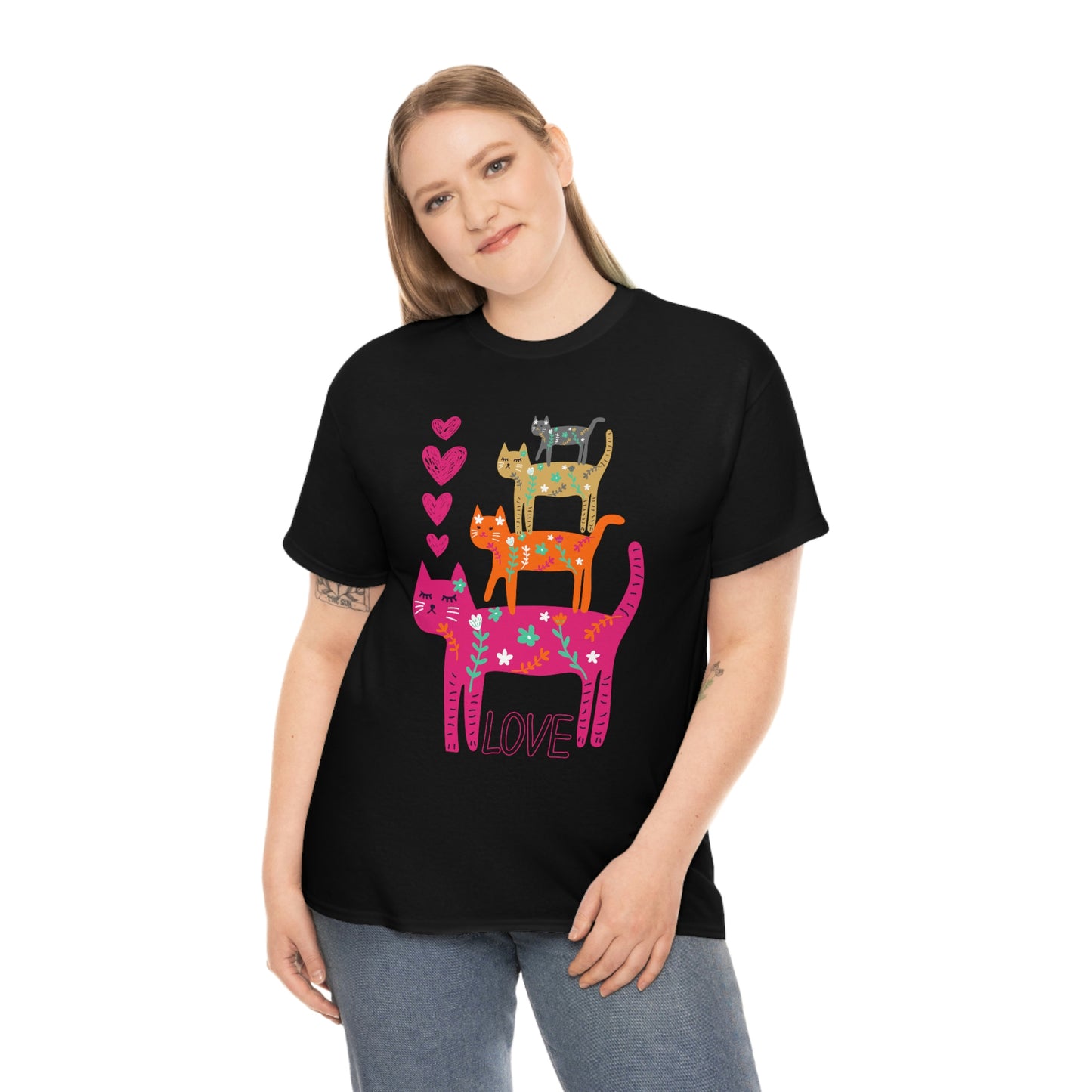 Cats on Cats colorful design Heats & "LOVE" Cotton Tee