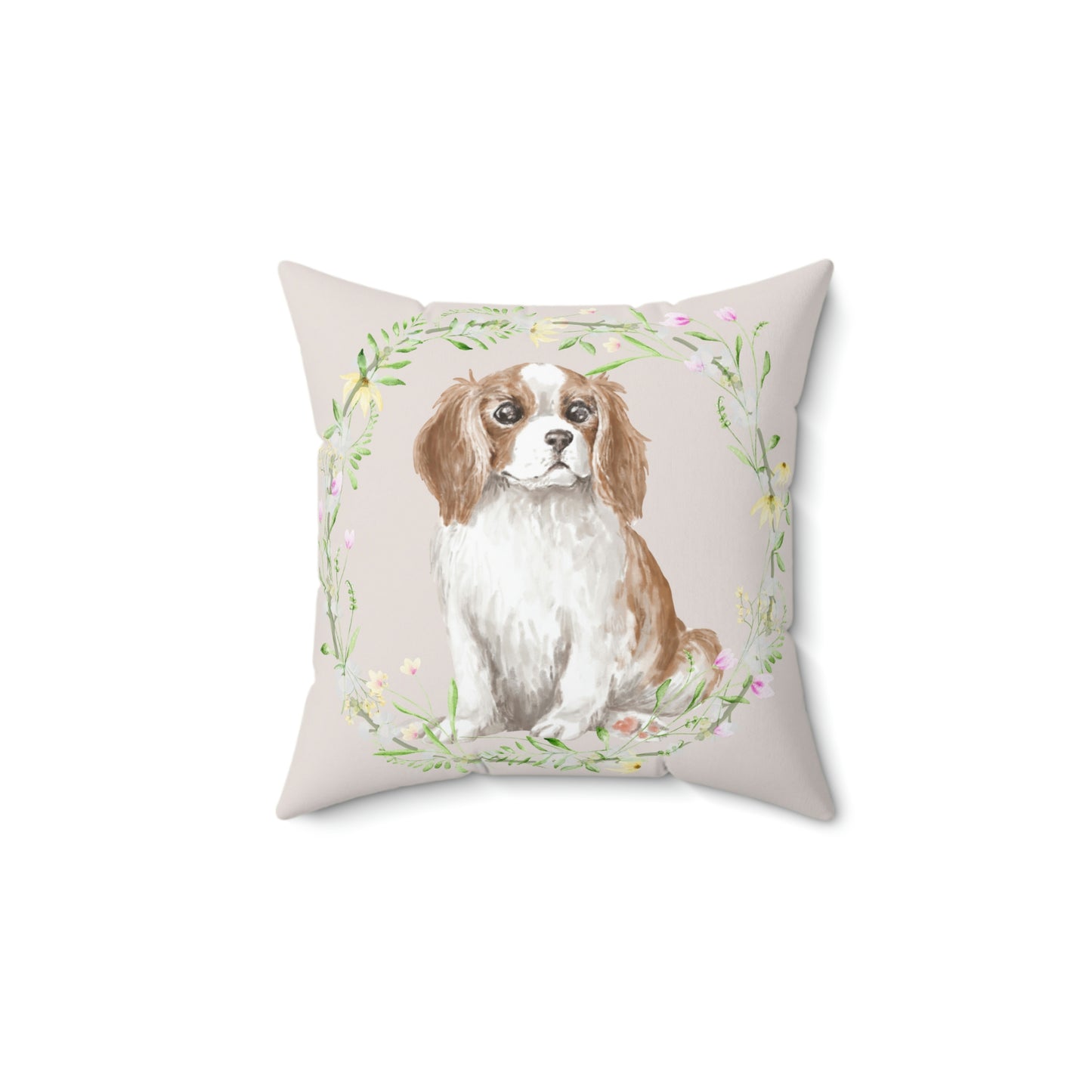 Cavalier dog/Spaniel Dog with Floral Wreath design Spun Polyester Square Indoor Pillow