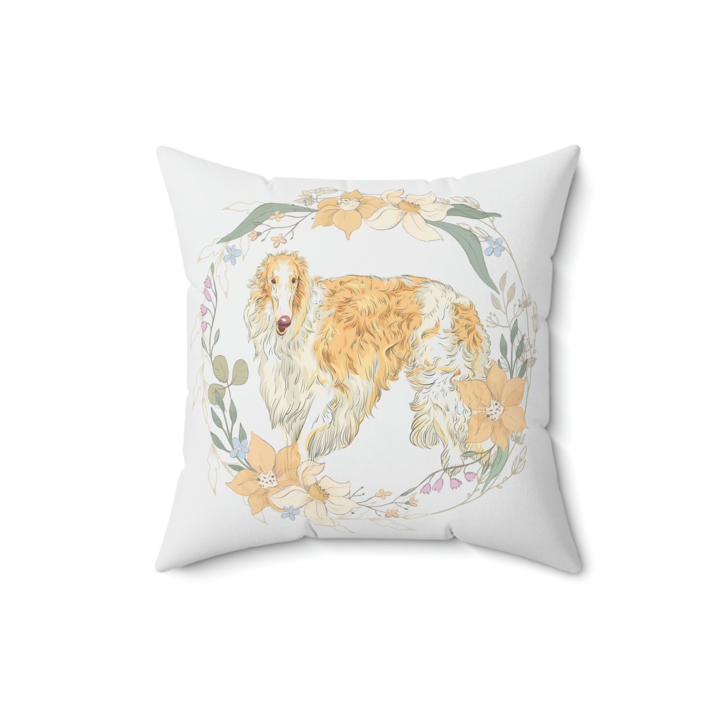 Borzoi Dog with Floral Wreath design Spun Polyester Square Indoor Pillow