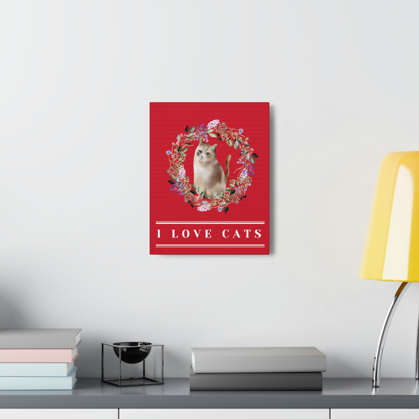 " I love cats " Cat with Wreath design (Red) Canvas Gallery Wraps poster